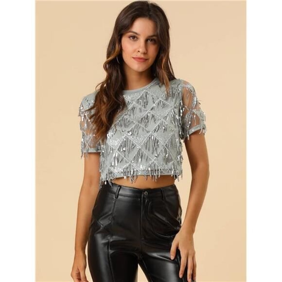 Silver‎ Sequin Tassel Shiny Embellished Short Sleeve Crop Top Dressy Party Shirt - Picture 2 of 6